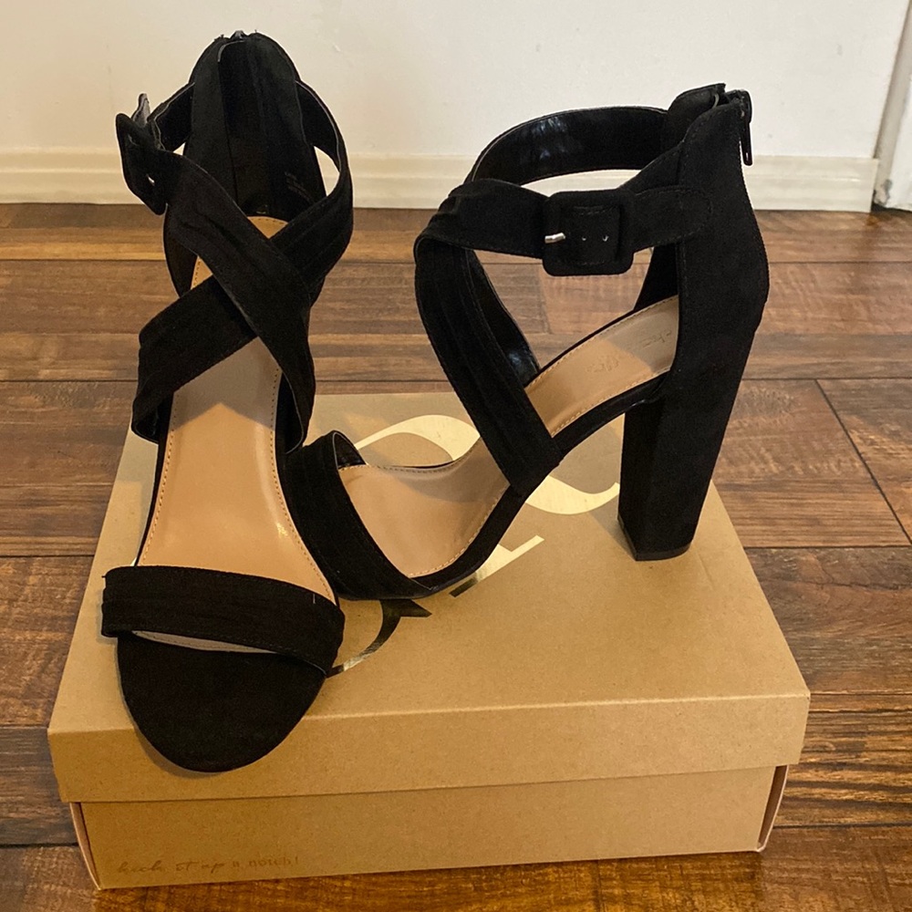 New, never worn Charlotte Russe, black strappy heels in faux suede